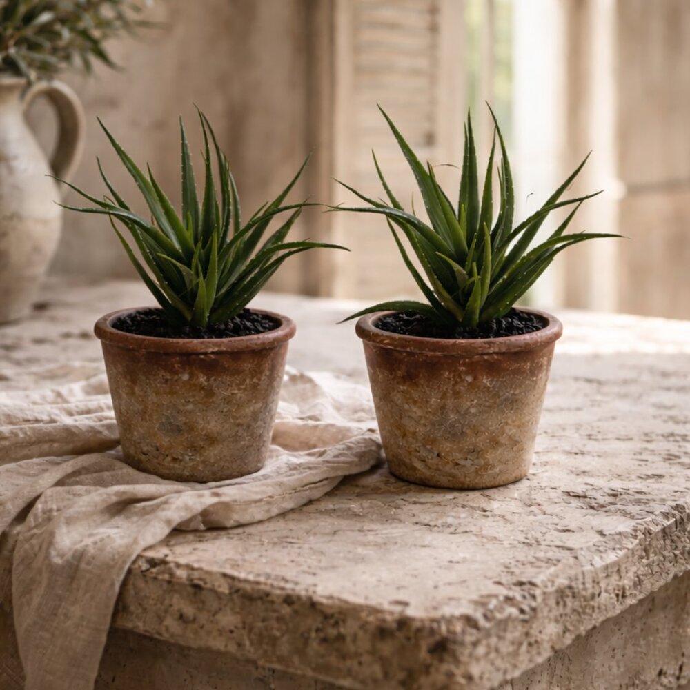 Set of 2 Faux Lifelike Aloe Plant In Rustic Terracotta Pot Planter